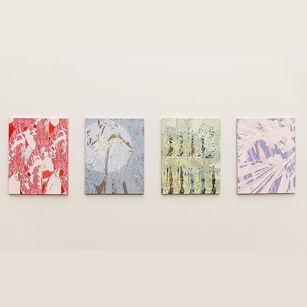 A quartet of abstract paintings in muted, pastel colors. 