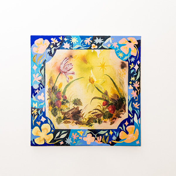 A small, square painting of a yellowish field of flowers framed in an intricate blue design.