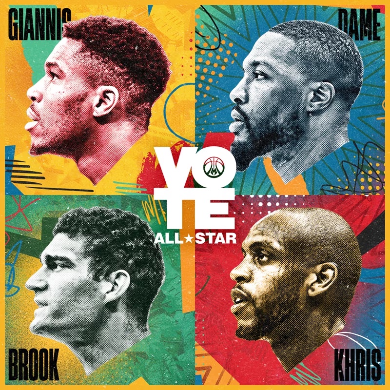 Four Bucks NBA players with VOTE text. 